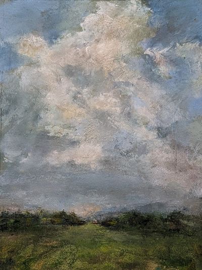 An oil painting of a towering cumulonimbus cloud over farmland.