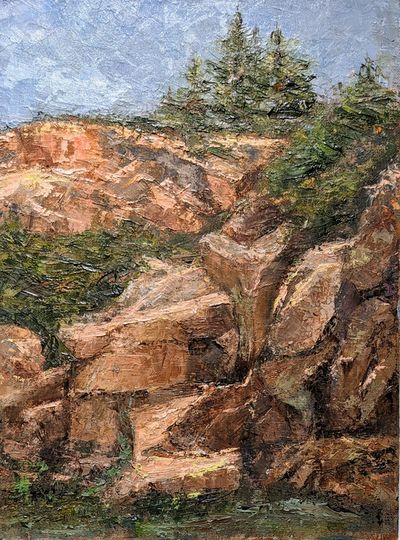 An oil painting of a pink granite cliff.