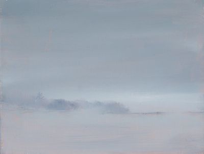 This is an oil painting of a fog bound island that is barely visible.