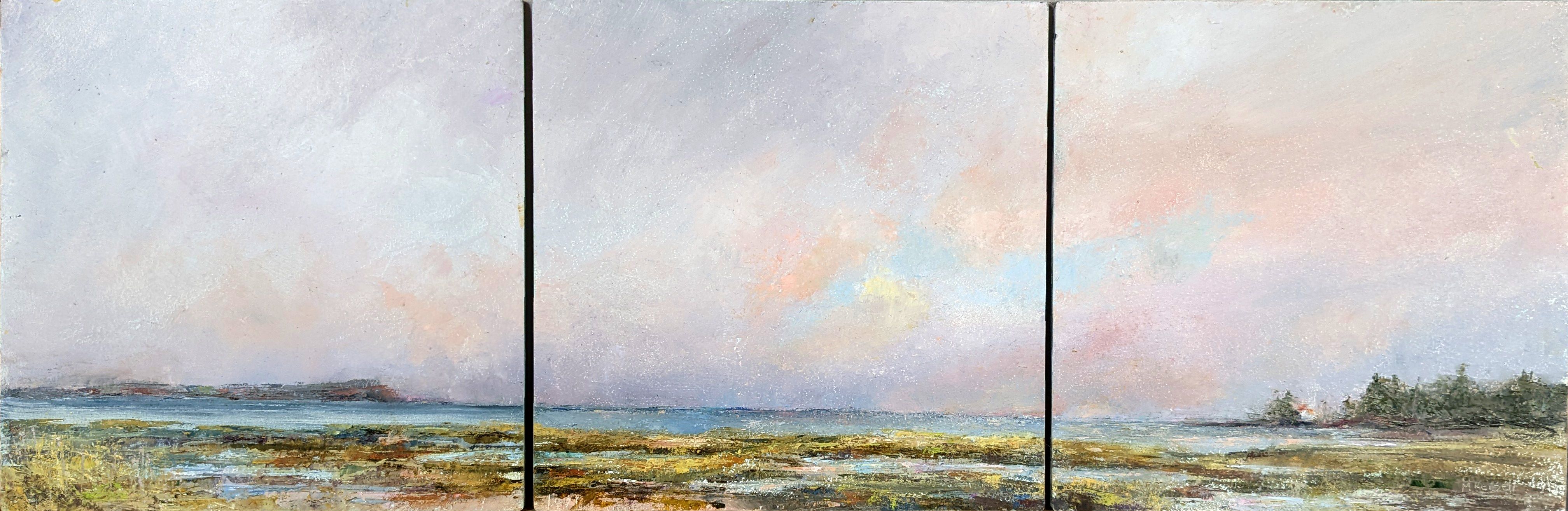 A tryptych of a sunset over a salt marsh