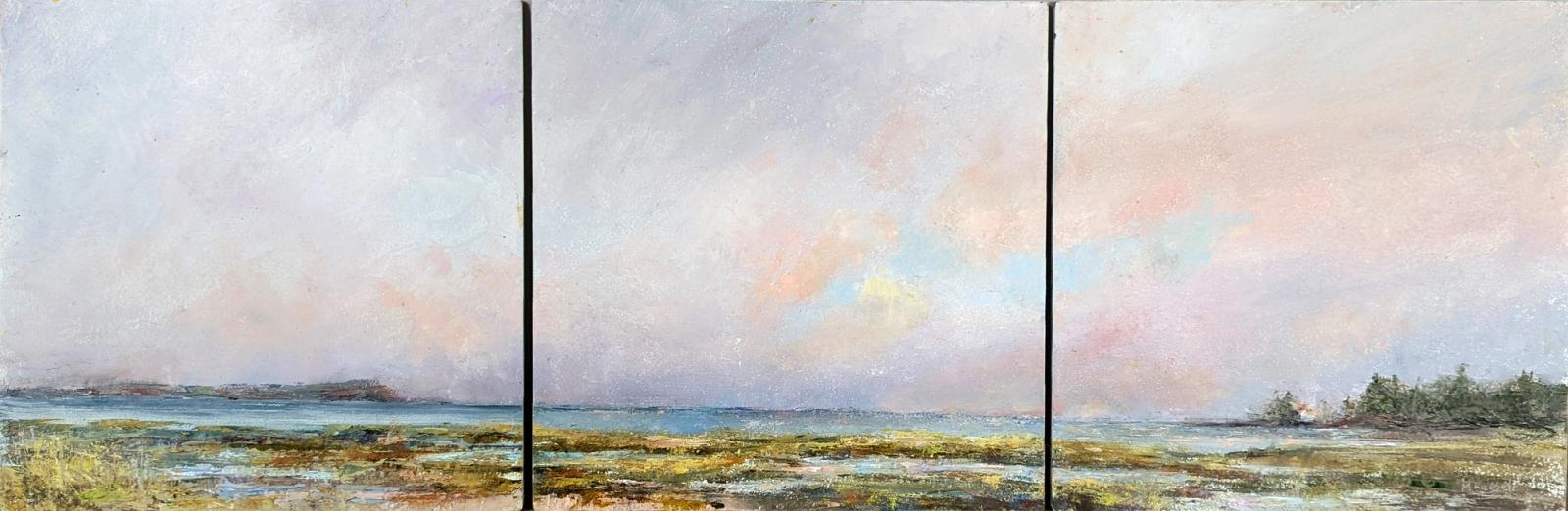 A tryptych of a sunset over a salt marsh