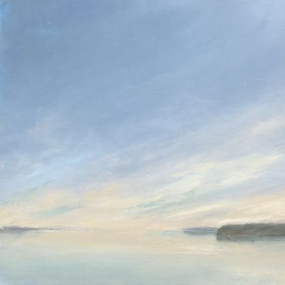 Mary Kersell oil painting of a soft warm pale yellow sunset over the ocean.