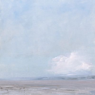 Mary Kersell oil painting of a hazy day with a large cloud hovering above a distant shore.