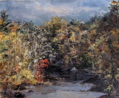 An oil painting of the shores of a river with leaves turning to bright fall colors.