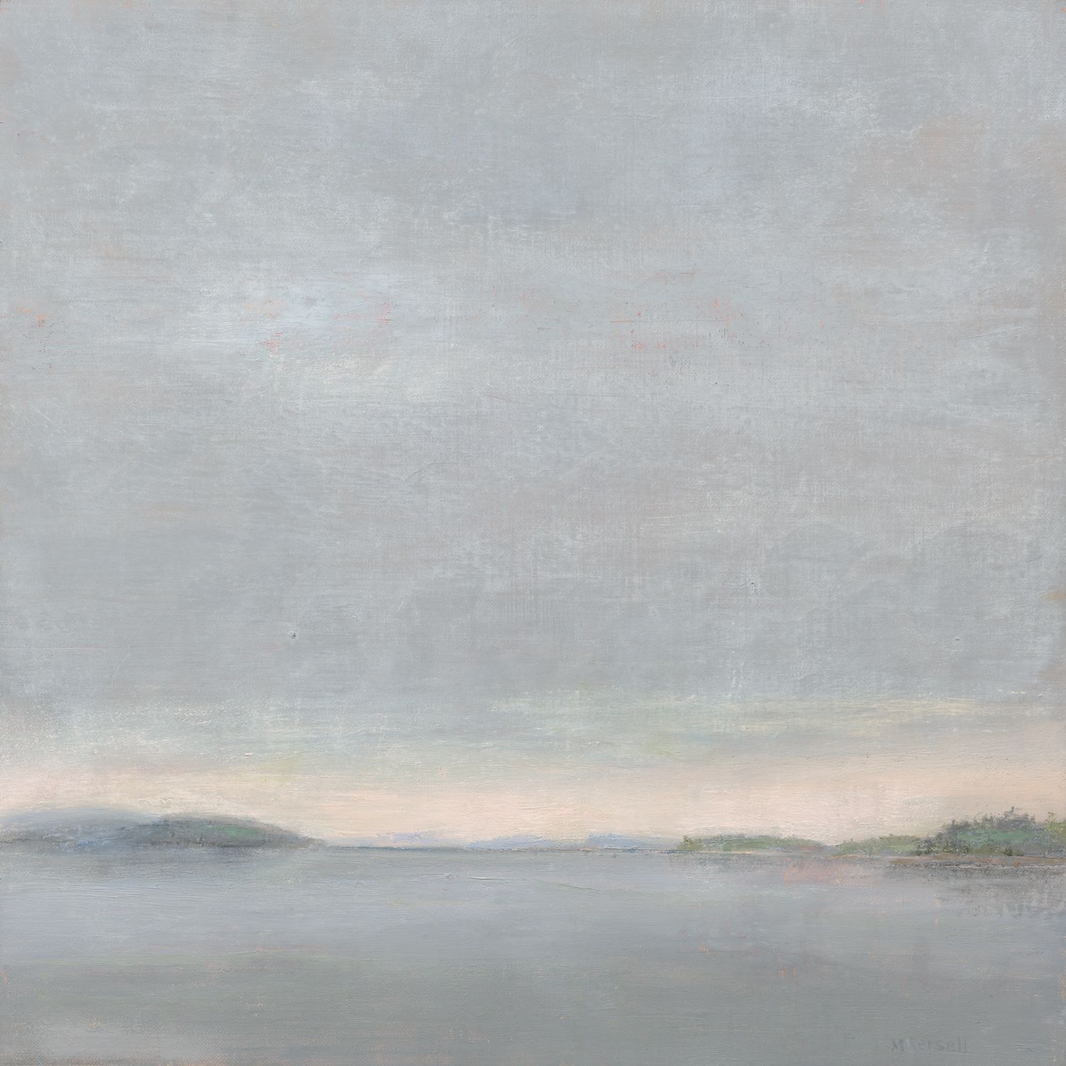 Distant Islands show throught the fog. Light is breaking through on the horizon.