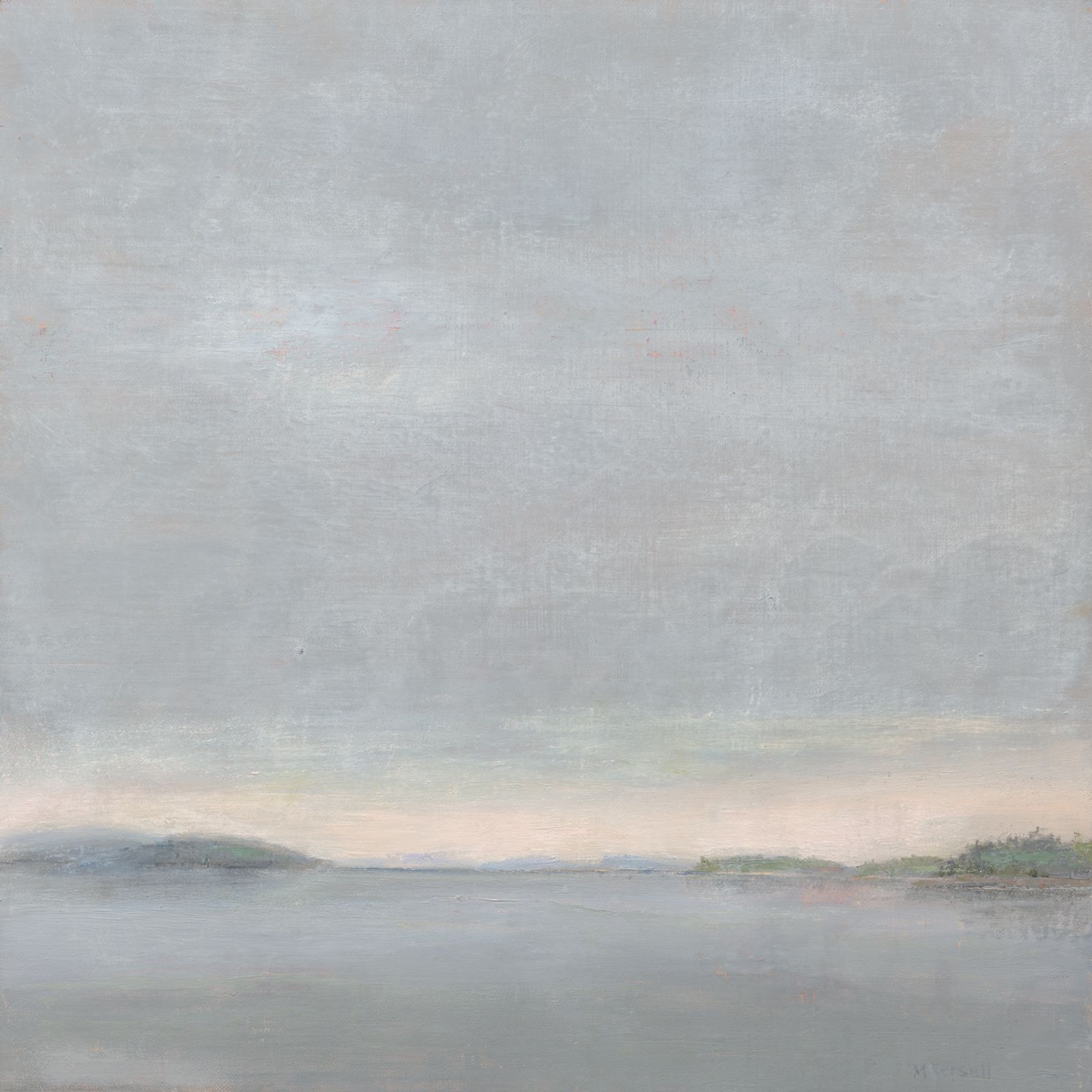 Distant Islands show throught the fog. Light is breaking through on the horizon.