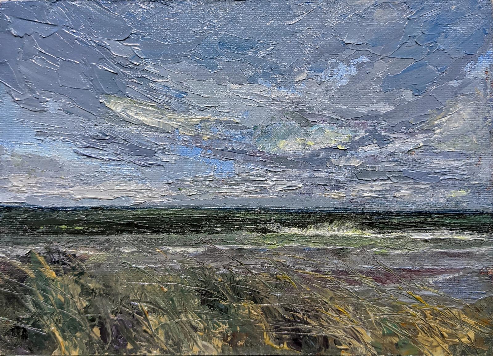 A small oil paint of a windy day at the seashore.