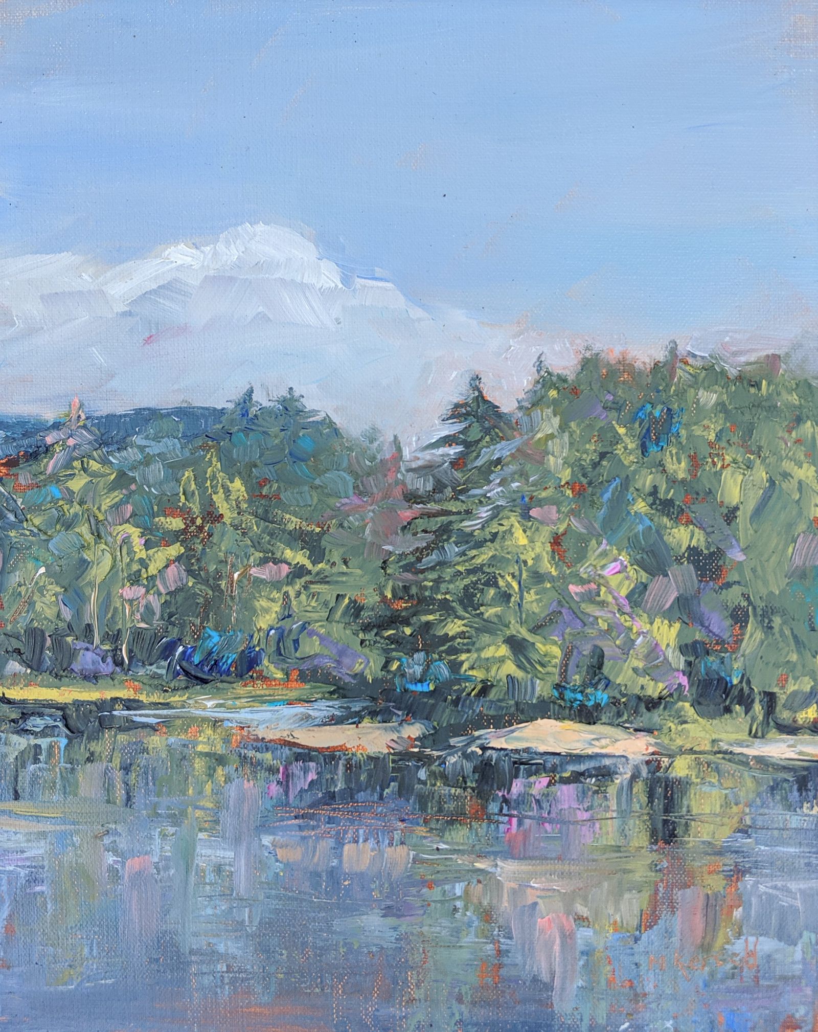 A Plein Air oil painting of trees reflected in a lake with white clouds overhead. The color is imagined.