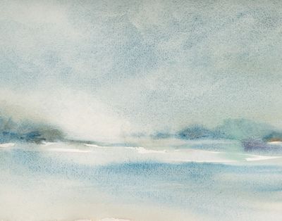 An abstract watercolor landscape of rolling fog over a lake. The color is soft blues, greens and greys.