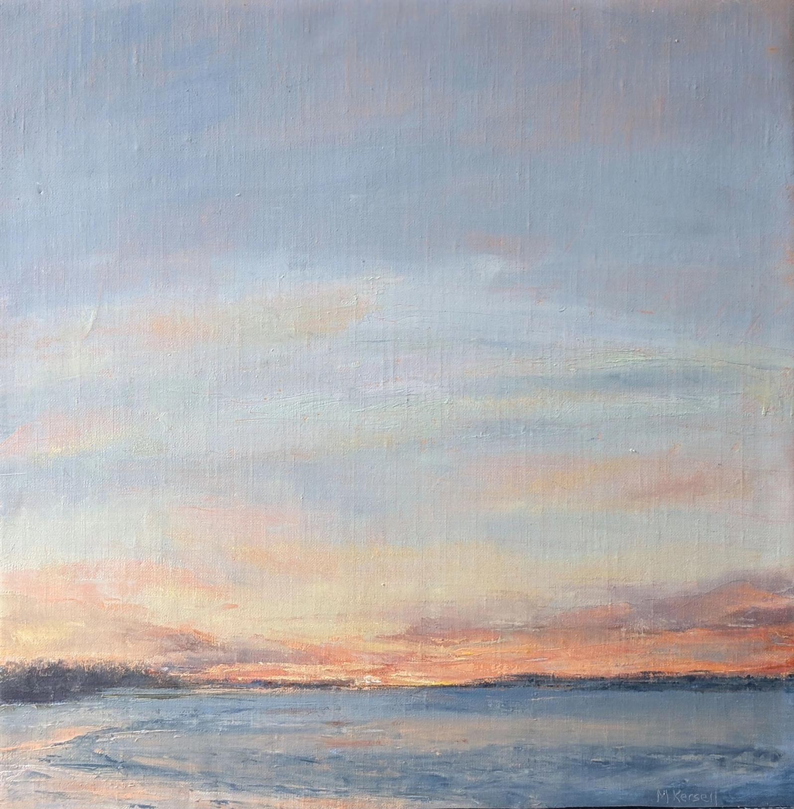 A pink sunset over a receding beach.