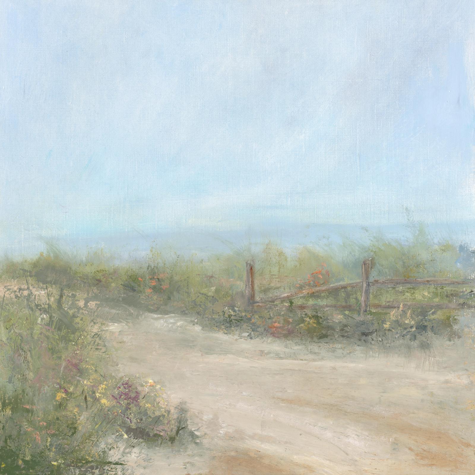 An oil painitng by Mary Kersell of a dune path edged with grasses and flowers. There is a broken fence. The day is hot and humid.