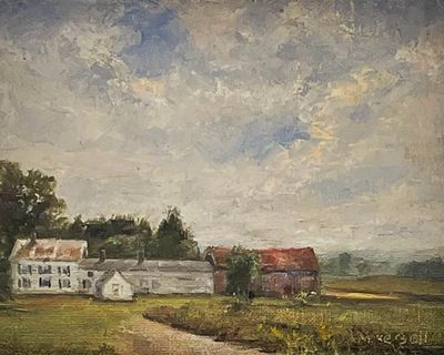 An oil painting of an old New England Farm.