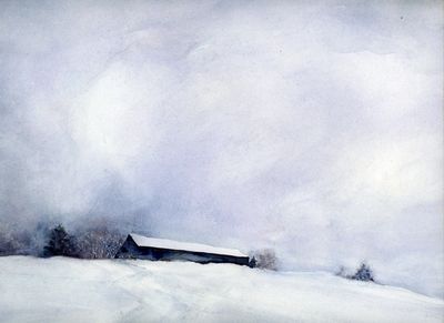 A watercolor landscape of a barn sitting atop a hill. The weather has cleared leaving a blanket of snow and billowing clouds.