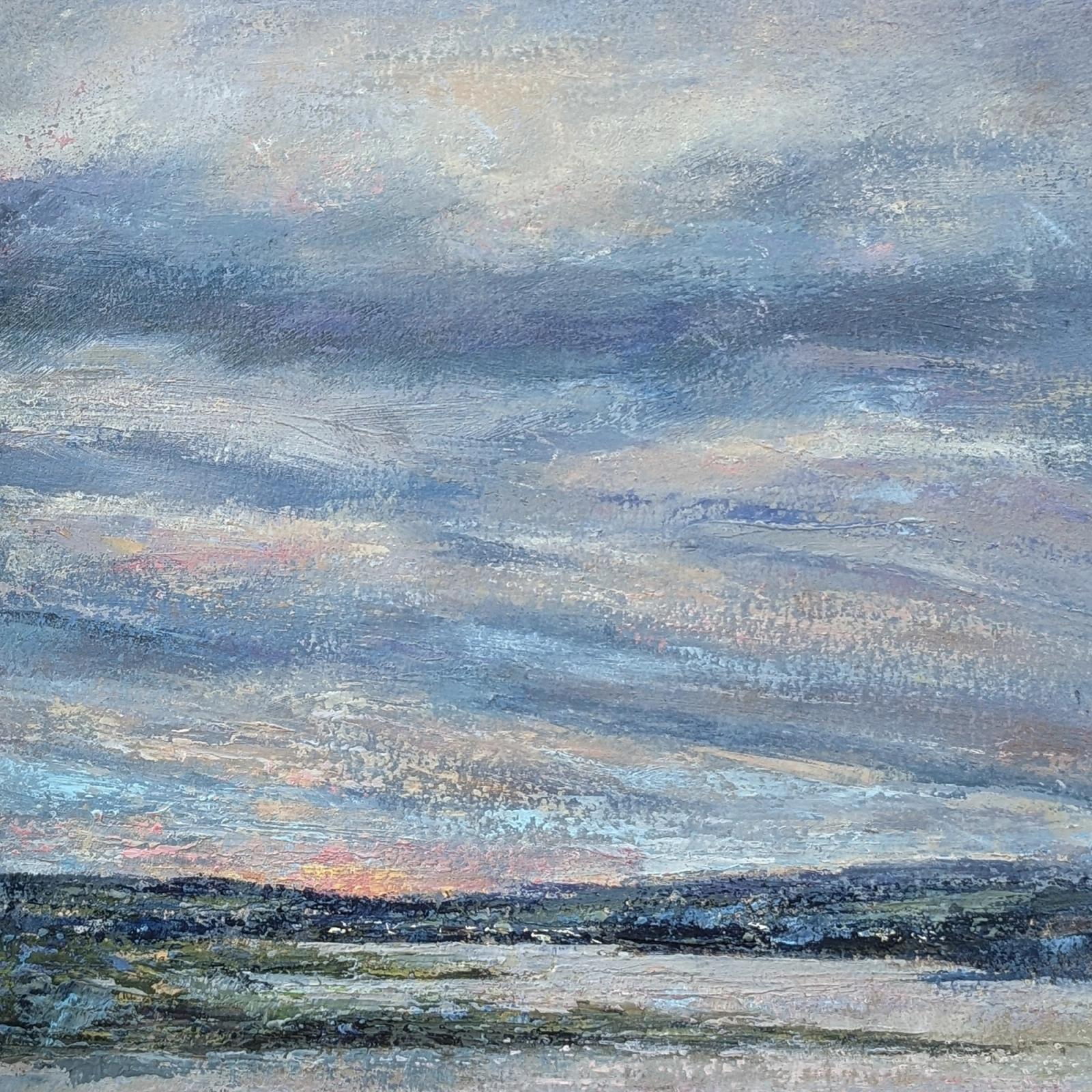An oil painting on paper of an inlet on the ocean. There are soft clouds in the sky reflecting a pink sunset