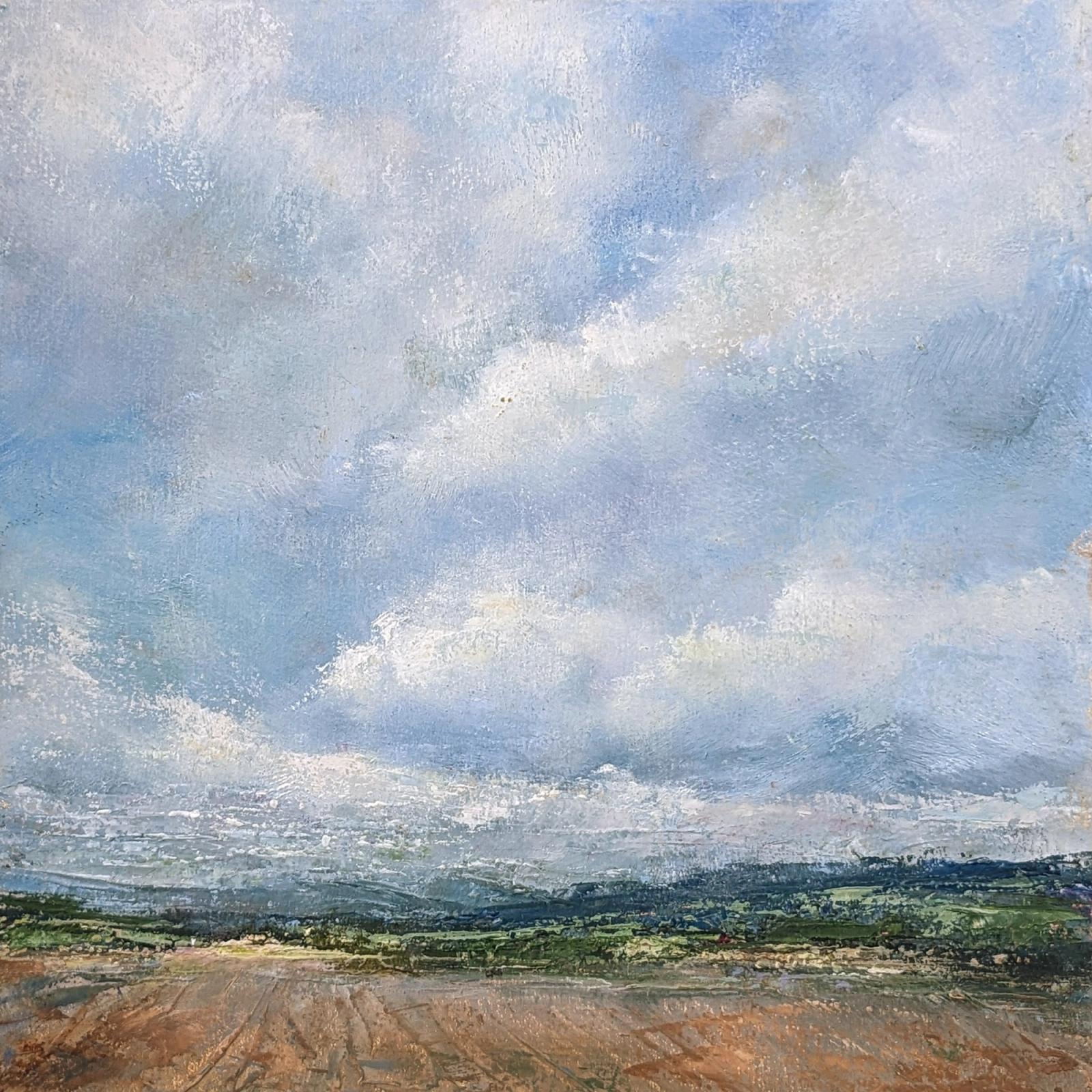Semi-abstract oil painting of rolling clouds over a ploughed field and distant hills.
