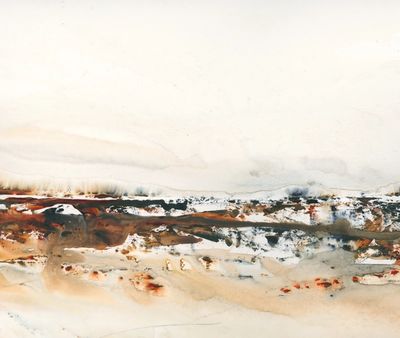 An abstract watercolor landscape of a rocky field of rich brown and sienna colors.