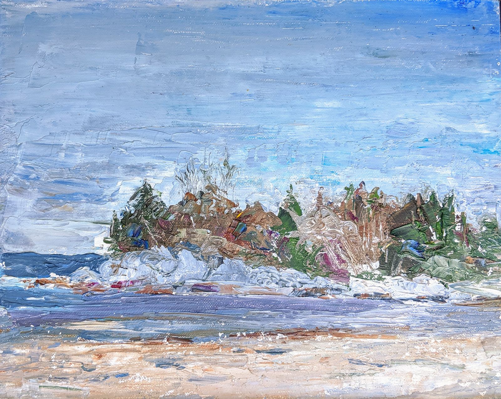 A Plein Air oil painting on linen at a windwept beach on a sunny fall day looking toward a small peninsula. 