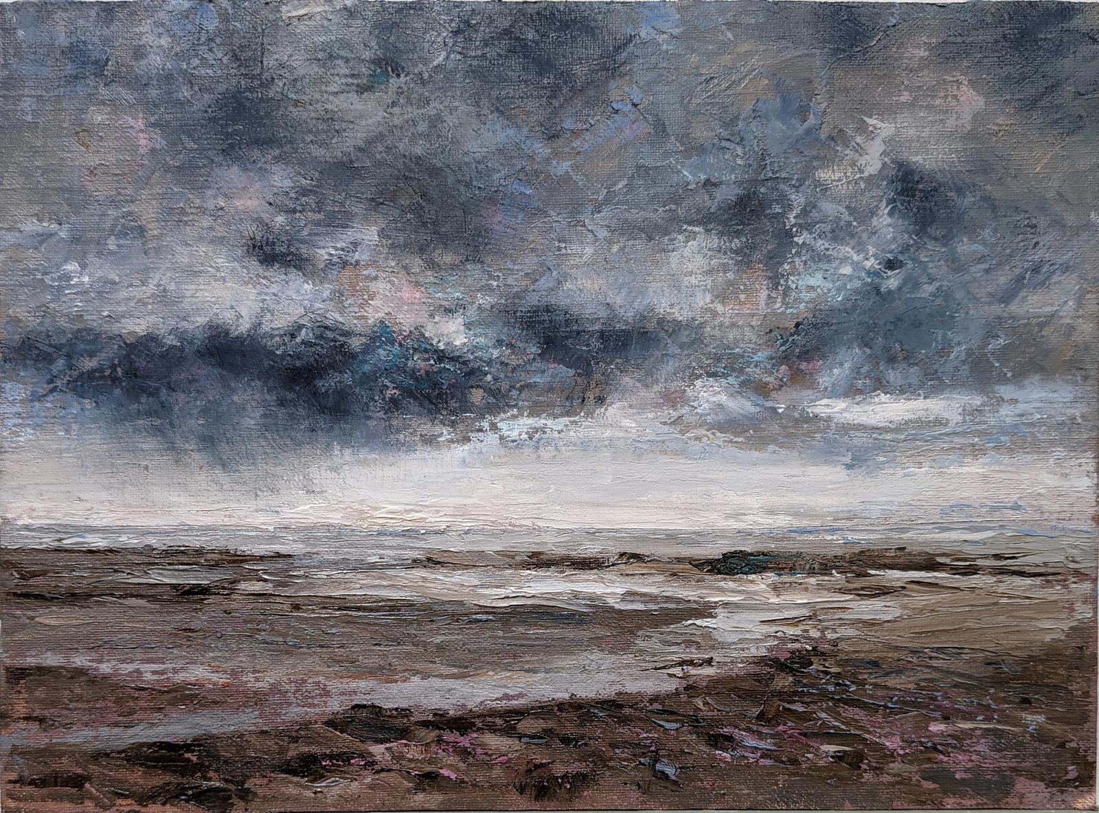 An oil painting of the seashore with storm clouds clearing.