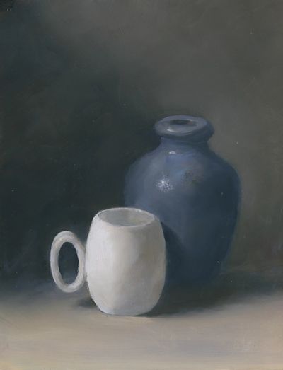 An oil painting of a blue pottery vase and small white cup.
