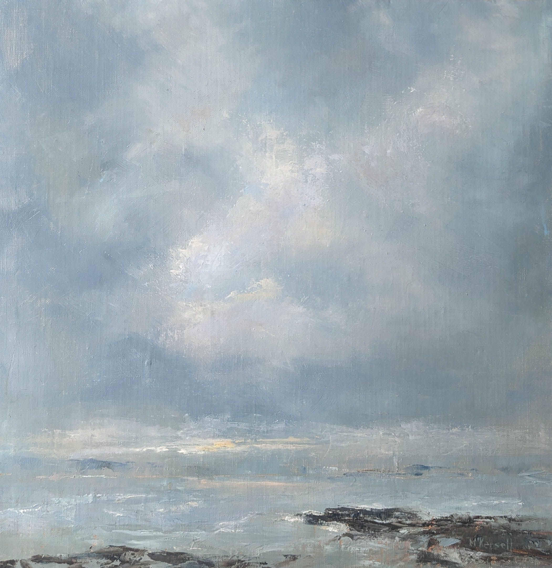 An oil painting of a fog and clouds in the distance with a sliver of sunset breaking through