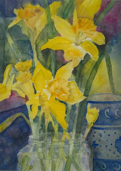 A watercolor painting of daffodils in a mason jar.