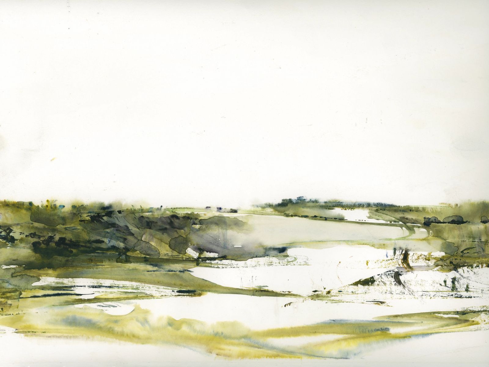 An abstract watercolor of an early spring hilltop field and lower marsh. Snow is melting..