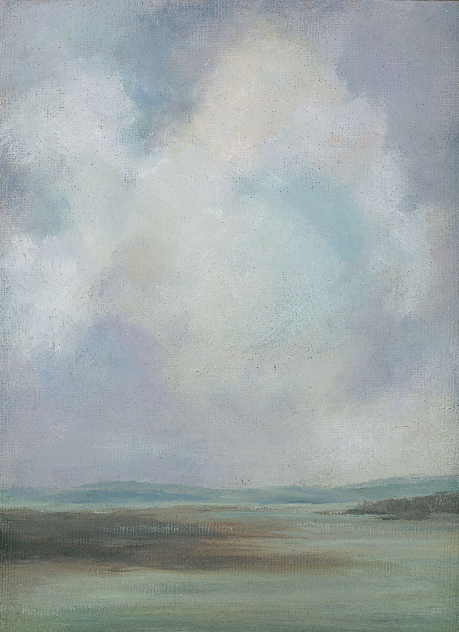 This is an oil painting on linen of a view across a marsh, looking at distant hill with billowing clouds.