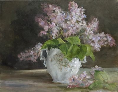 An oil painting of light purple lilacs in an antique Carlsbad sugar bowl.