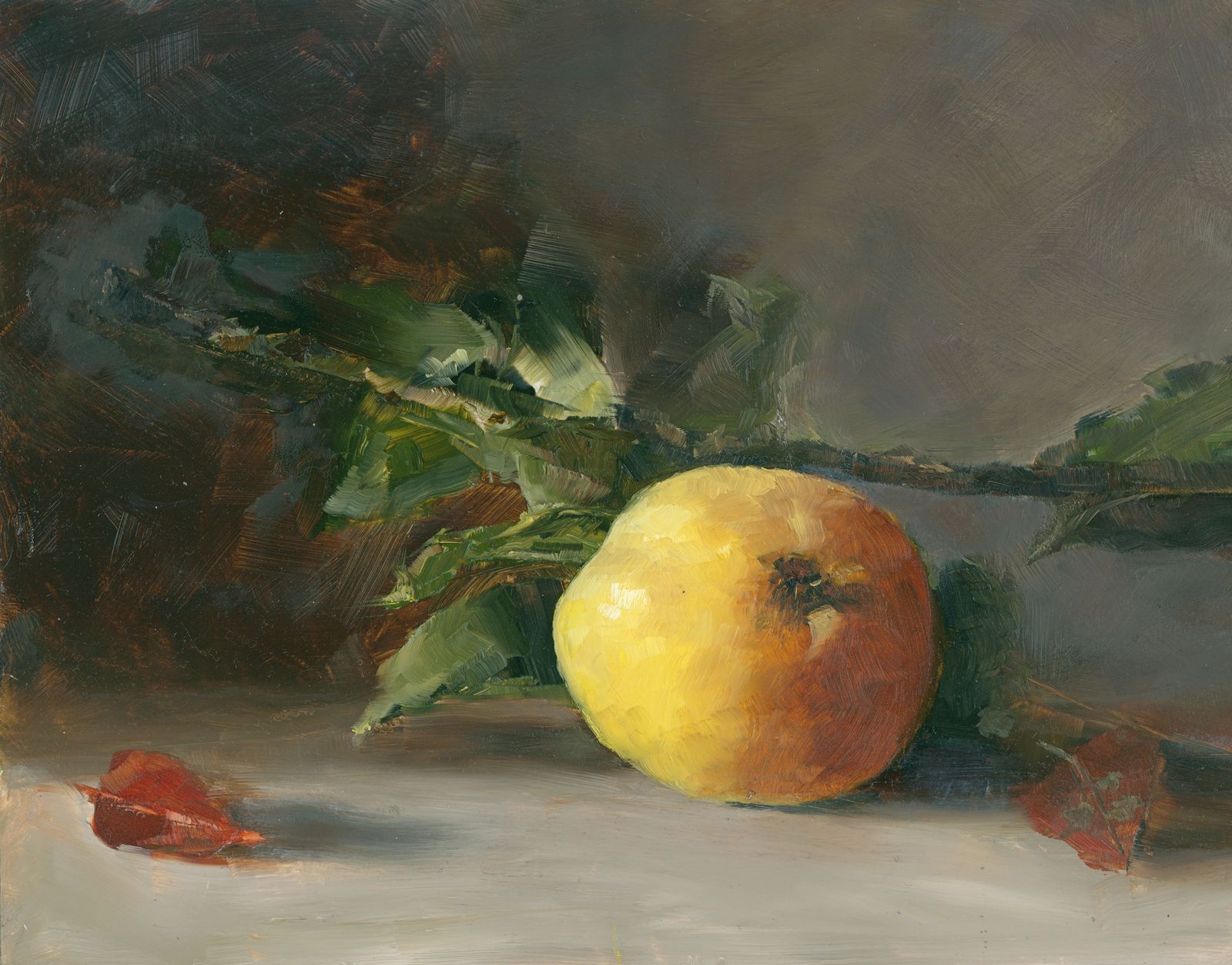 An oil painting on panel of a fallen yellow apple branch.