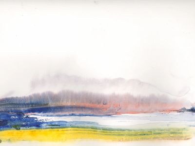 An abstract watercolor landscape of a bright yellow field in front of a pond with trees bathed in the setting sun behind. 