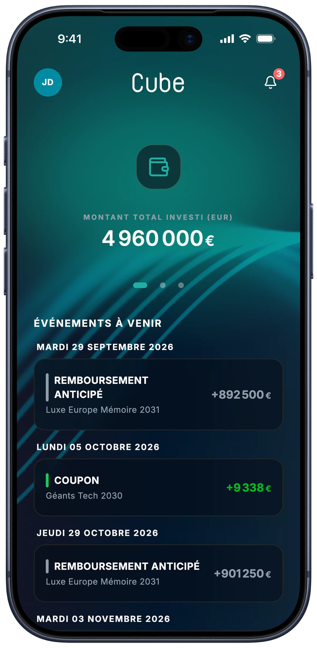 Accueil de l’application Cube : montant total investi et événements à venir