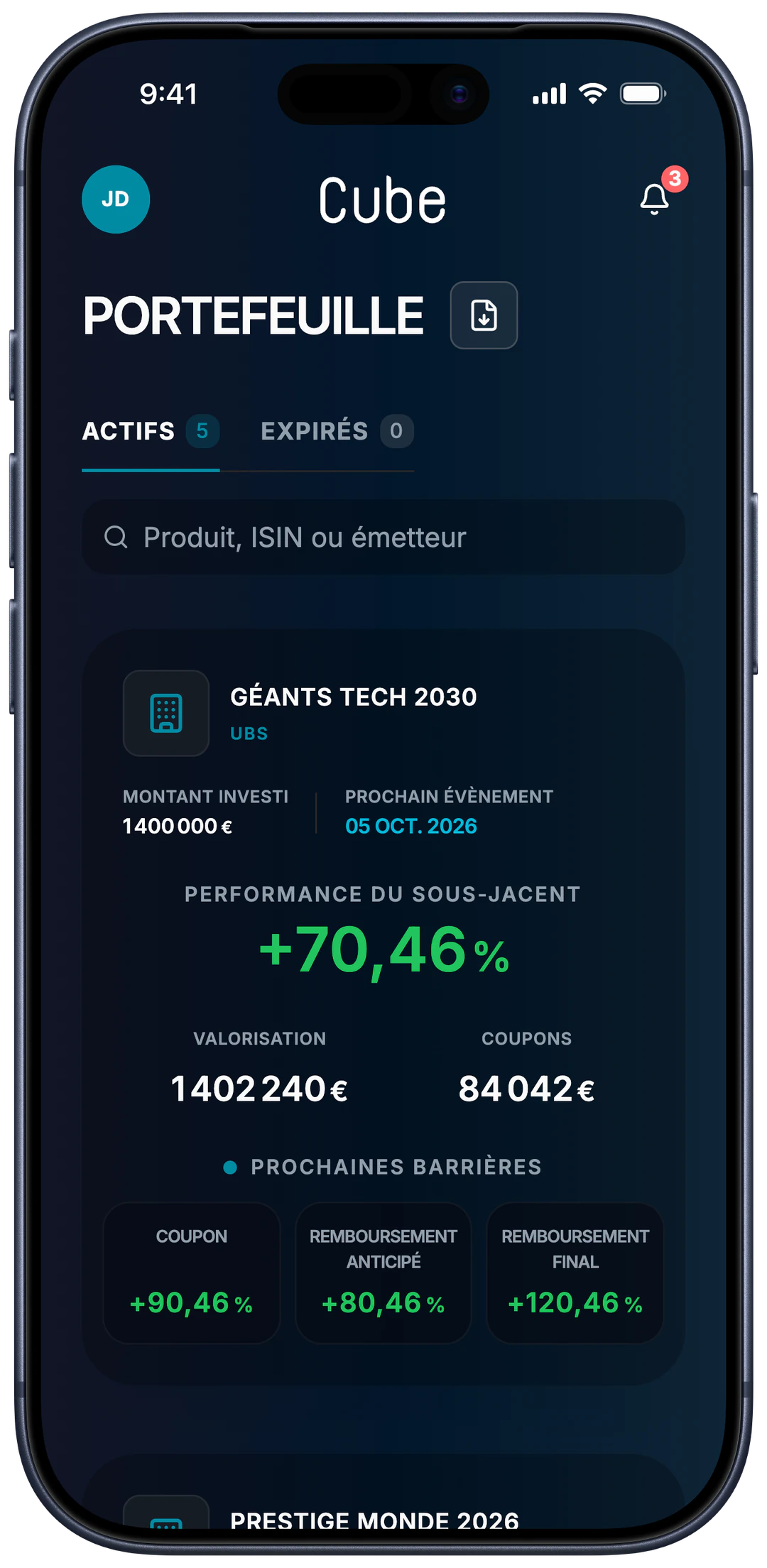 Portefeuille Cube : valorisation, coupons et prochaines barrières