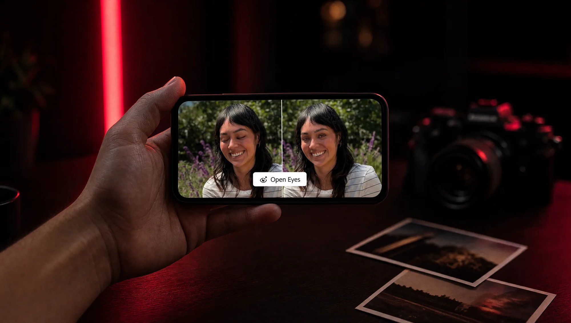 Main tenant un smartphone à l’horizontale dans une pièce sombre éclairée en rouge : un portrait avant et après, yeux fermés puis ouverts, avec le bouton Open Eyes
