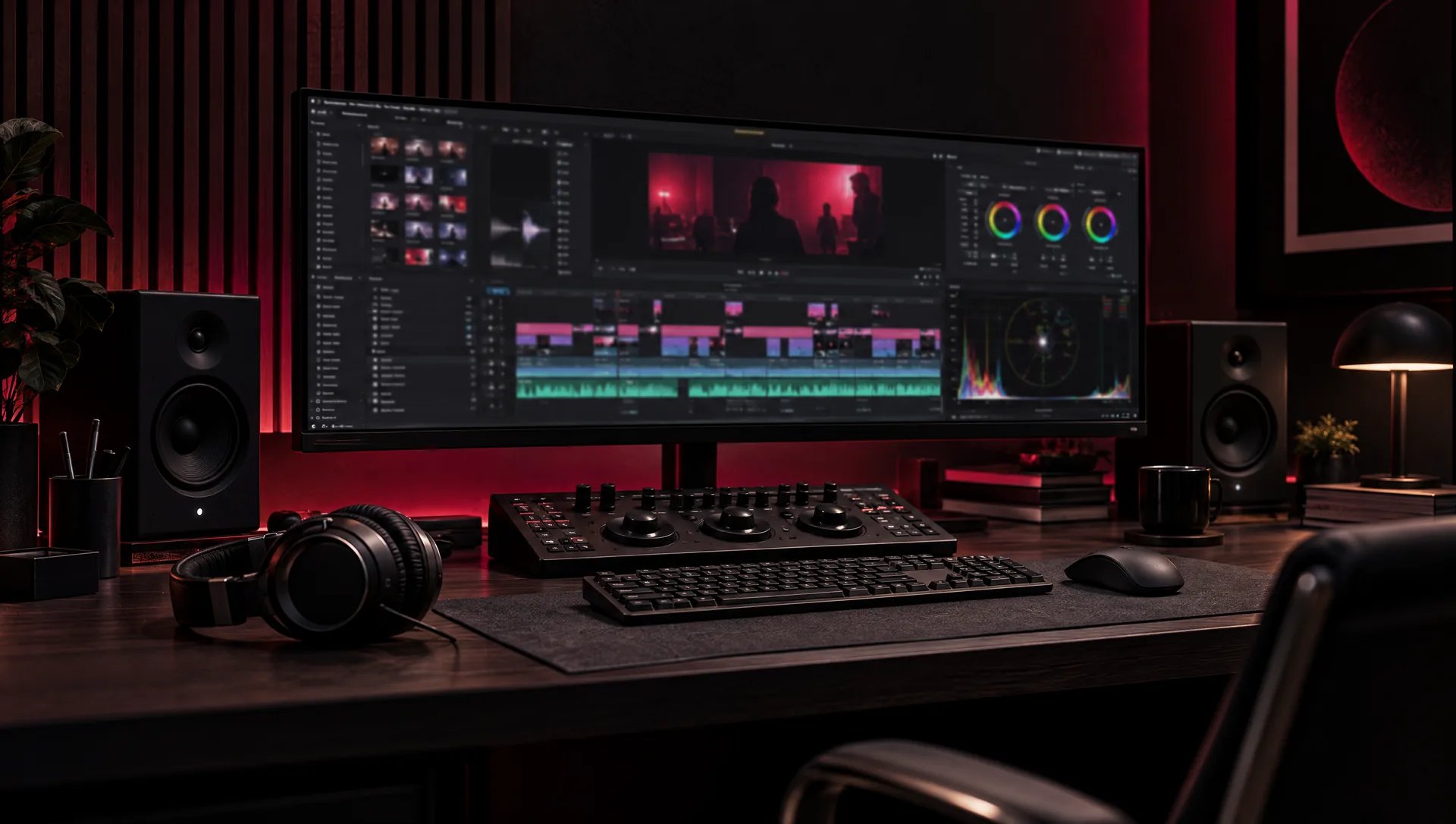 Station de montage avec timeline multipiste, formes d’onde audio et roues colorimétriques pour monter un épisode de podcast