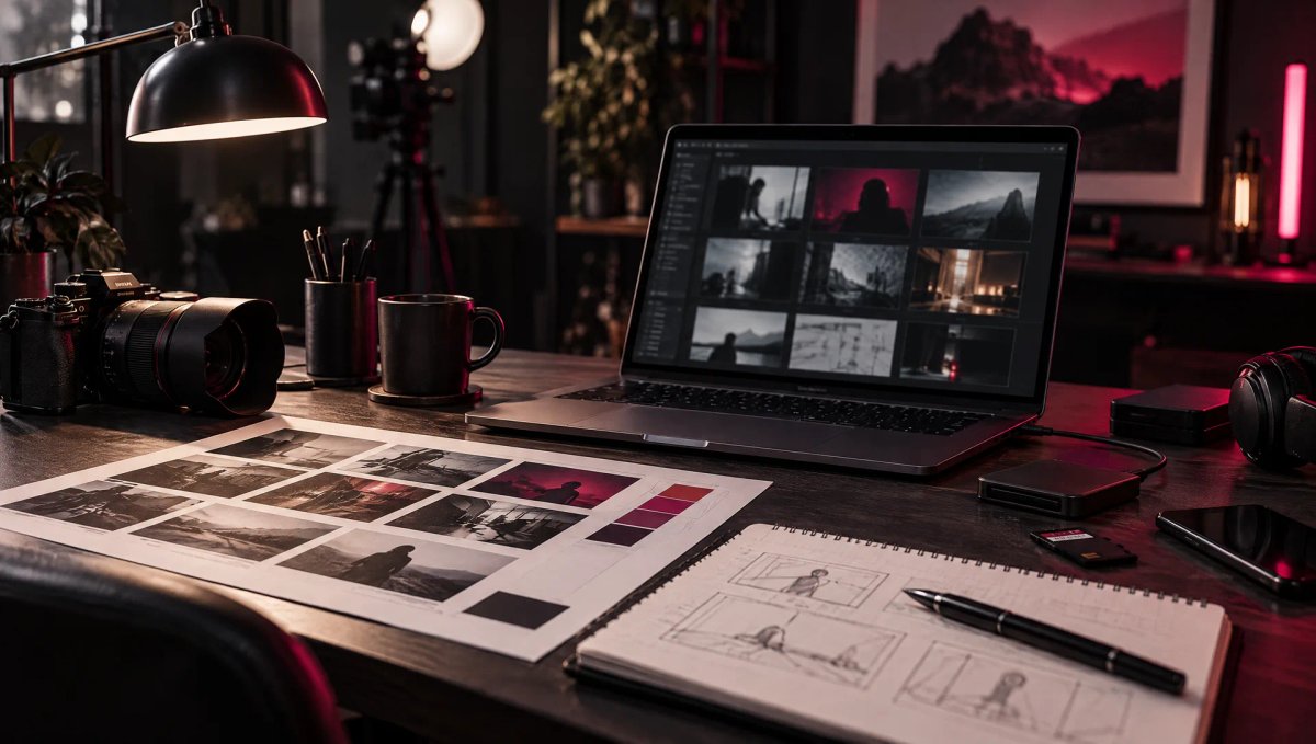 Bureau de monteur avec un portable affichant une grille de plans, une planche contact et un storyboard dessiné