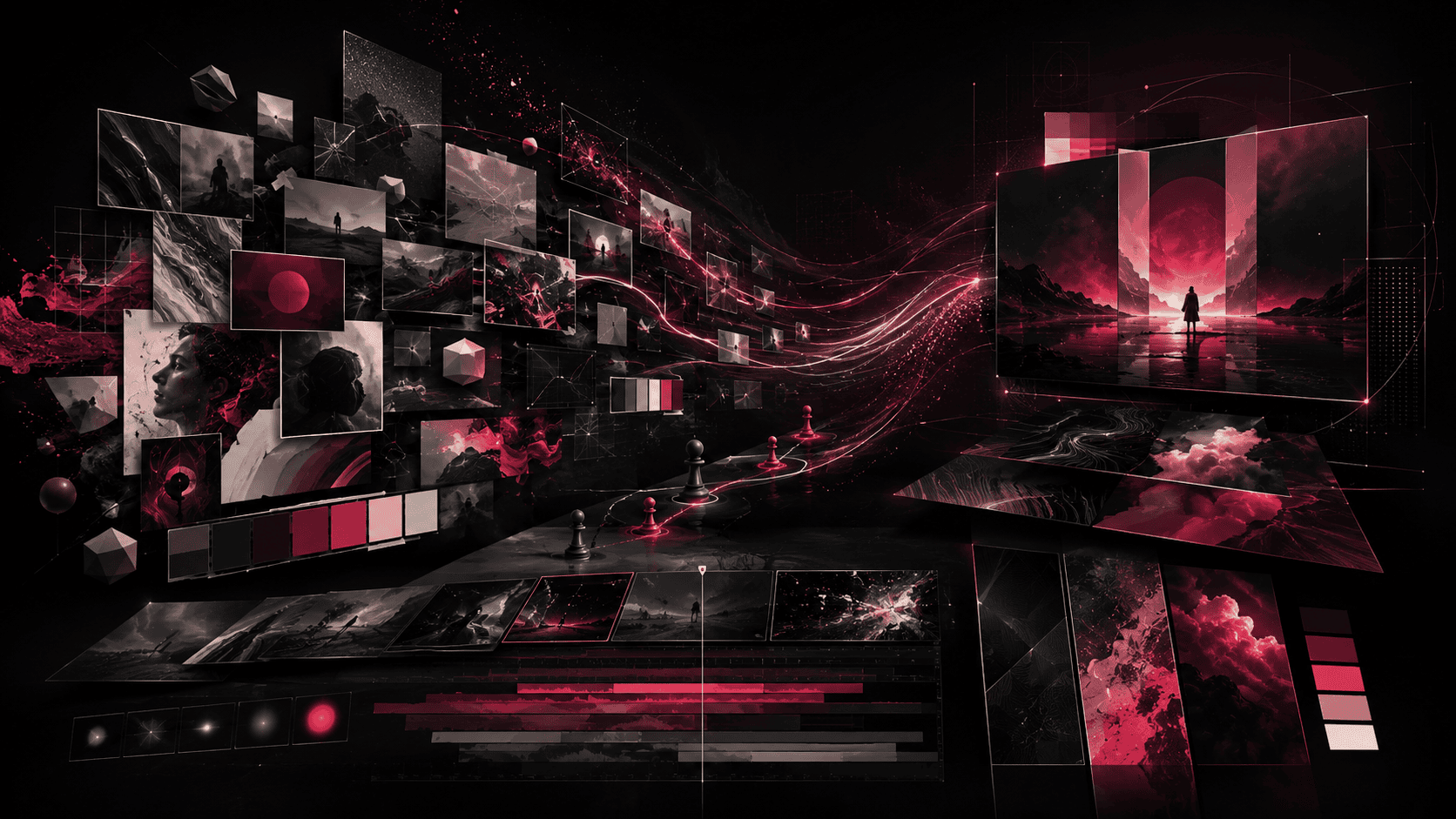 Mur d’images noires et rouges relié par des lignes lumineuses à un écran où une silhouette fait face à un soleil rouge, avec nuanciers et timeline de montage