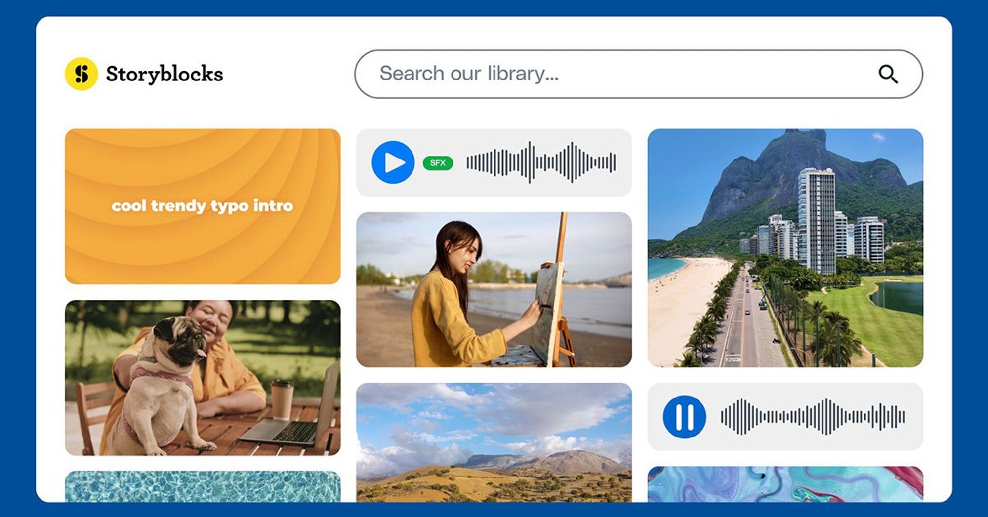 Storyblocks interface mixing video clips, a typographic intro and SFX audio tracks in search results