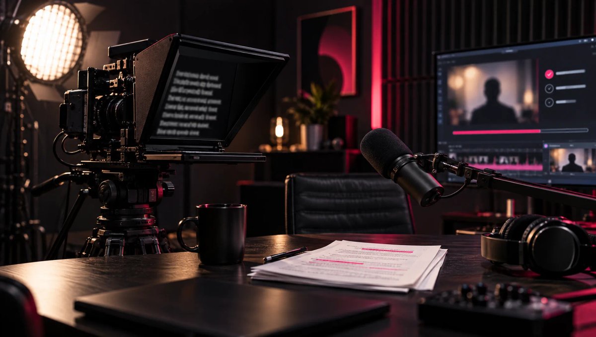 Studio de tournage de VSL avec téléprompteur sur caméra, micro, script annoté et montage en cours à l’écran