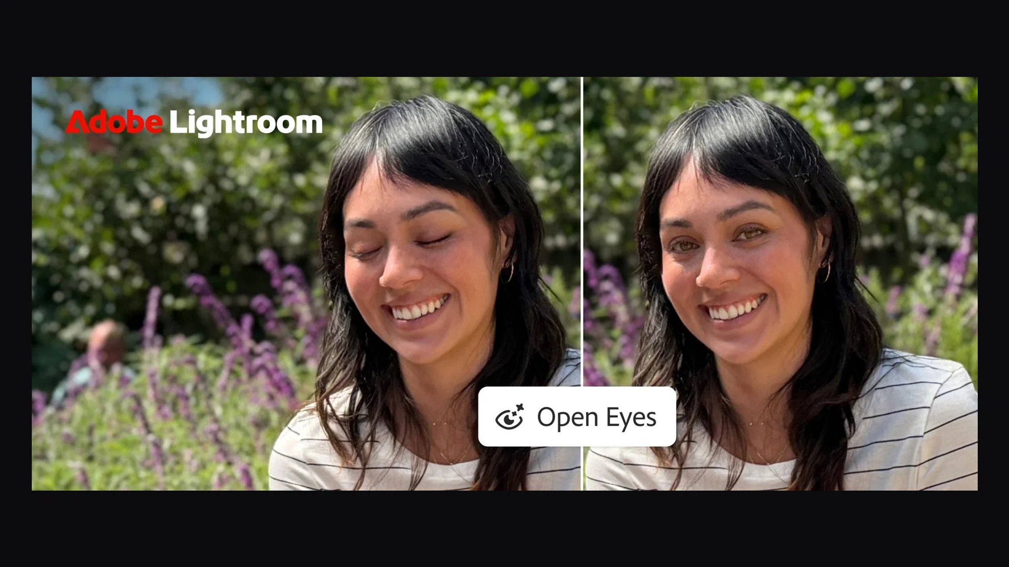 Portrait d’une jeune femme souriante : à gauche les yeux fermés, à droite les yeux ouverts après Open Eyes dans Lightroom