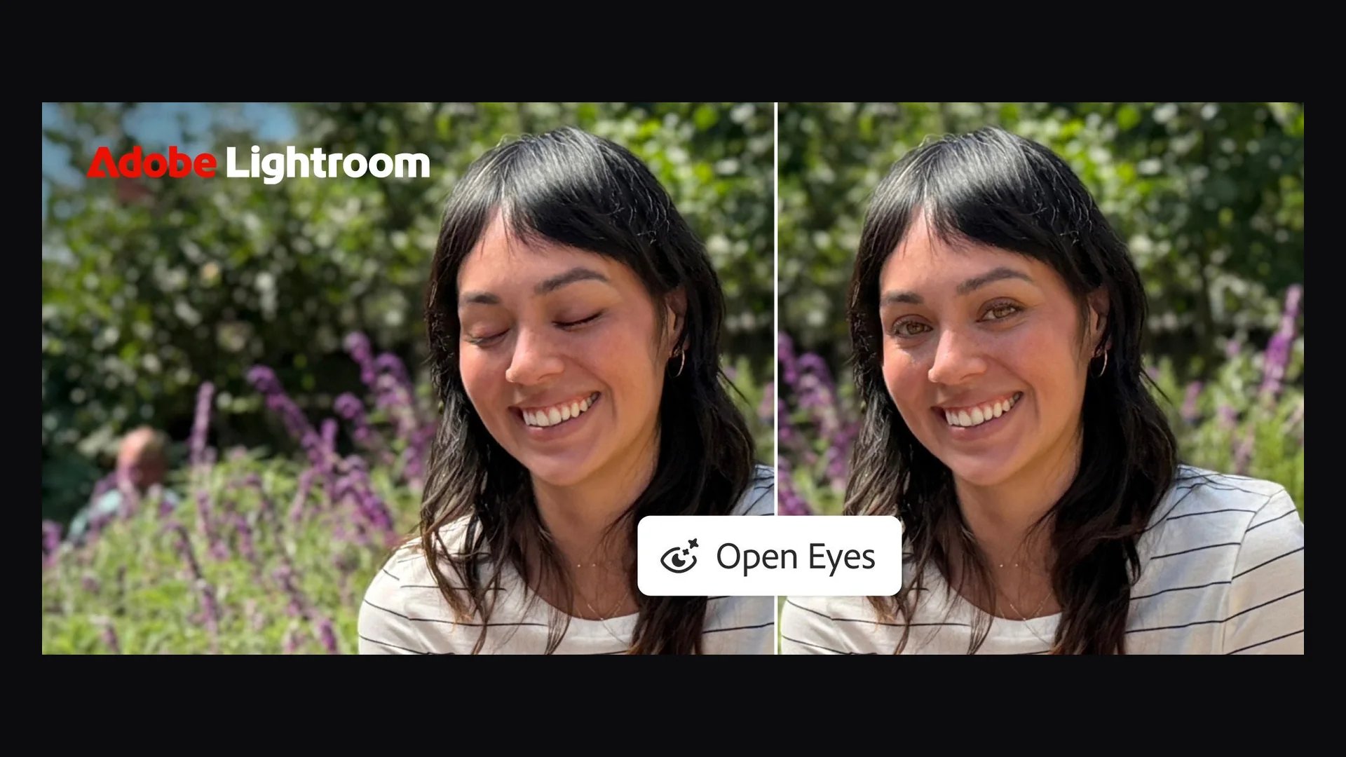 صورة شخصية لشابة مبتسمة: عيناها مغمضتان على اليسار ومفتوحتان على اليمين بعد Open Eyes في Lightroom