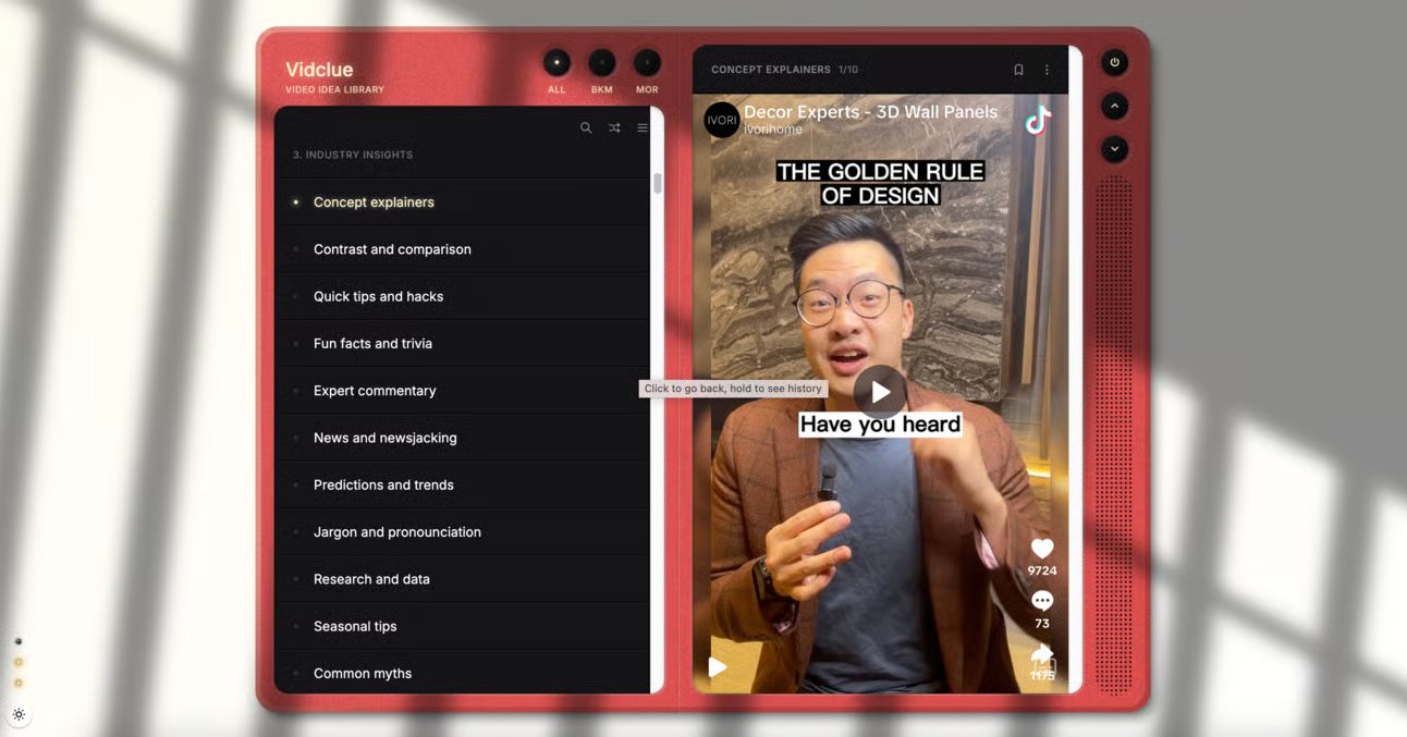 Interface de Vidclue : liste d’idées « Industry insights » à gauche, exemple TikTok d’explication de concept à droite