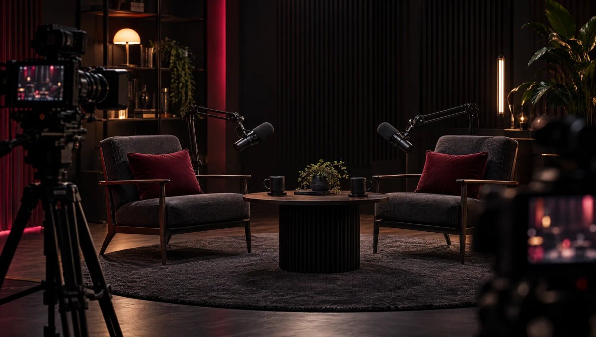 Plateau de podcast vidéo aux lumières tamisées : deux fauteuils, micros sur bras articulés et caméras au premier plan