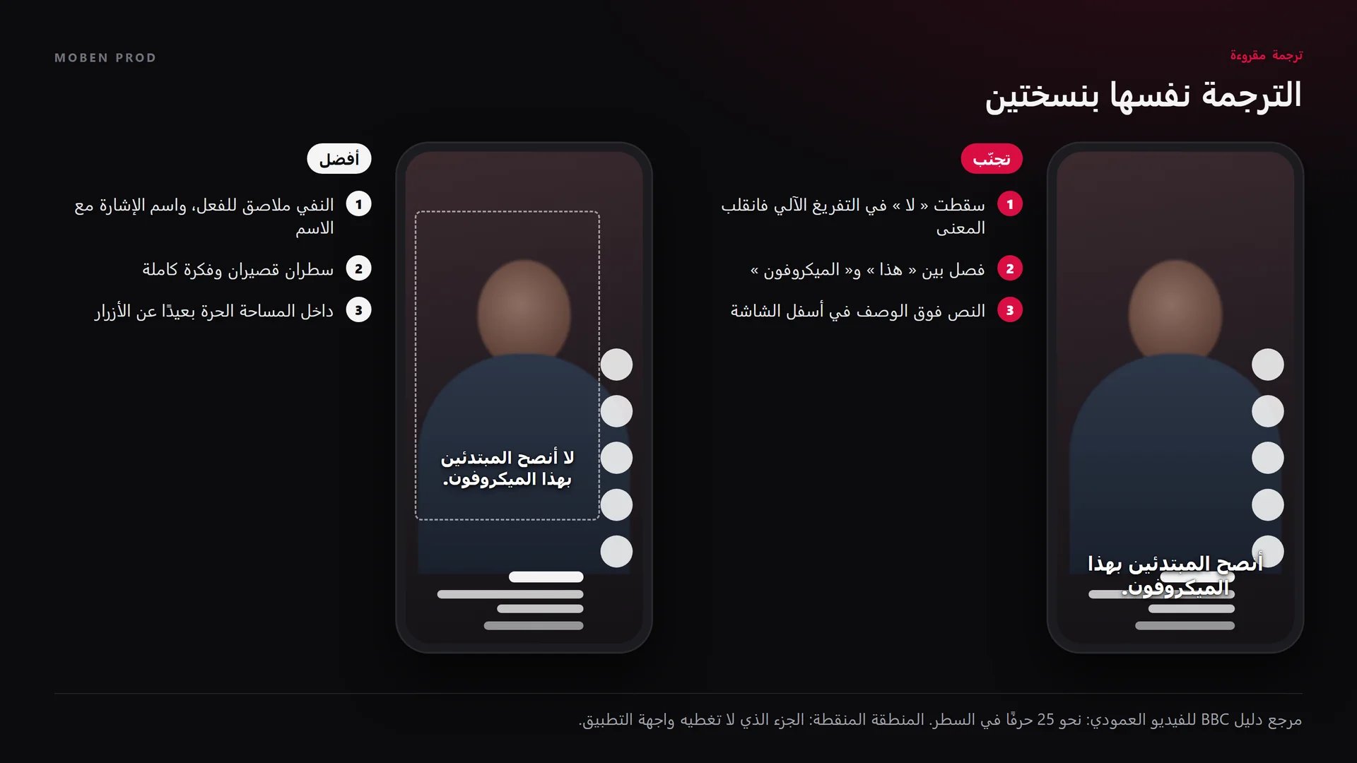 هاتفان يقارنان الترجمة نفسها: على اليمين سقطت أداة النفي والسطر مقطوع بشكل سيئ وموضوع فوق الوصف، وعلى اليسار سطران مقطوعان حسب المعنى داخل المساحة الحرة من الشاشة