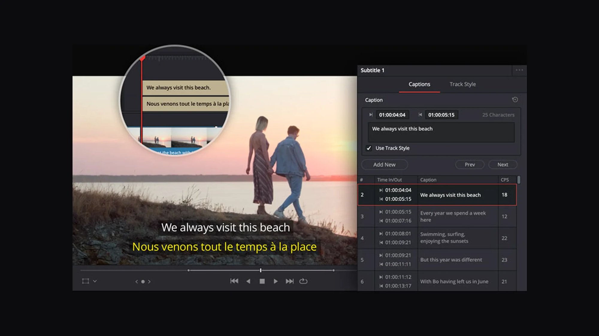 DaVinci Resolve interface: a video with subtitles in two languages and a subtitle list with timecodes, character count and a CPS column