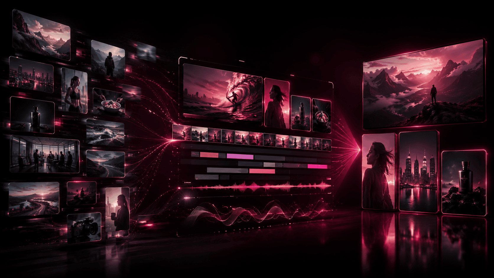 Stock clip thumbnails flowing into an editing timeline and then into finished videos, in pink and black