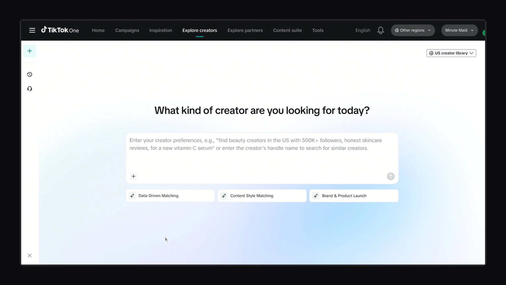 الشاشة الرئيسية لأداة Creator AI Search في TikTok One، مع سؤال عن نوع صانع المحتوى المطلوب وخانة لوصفه