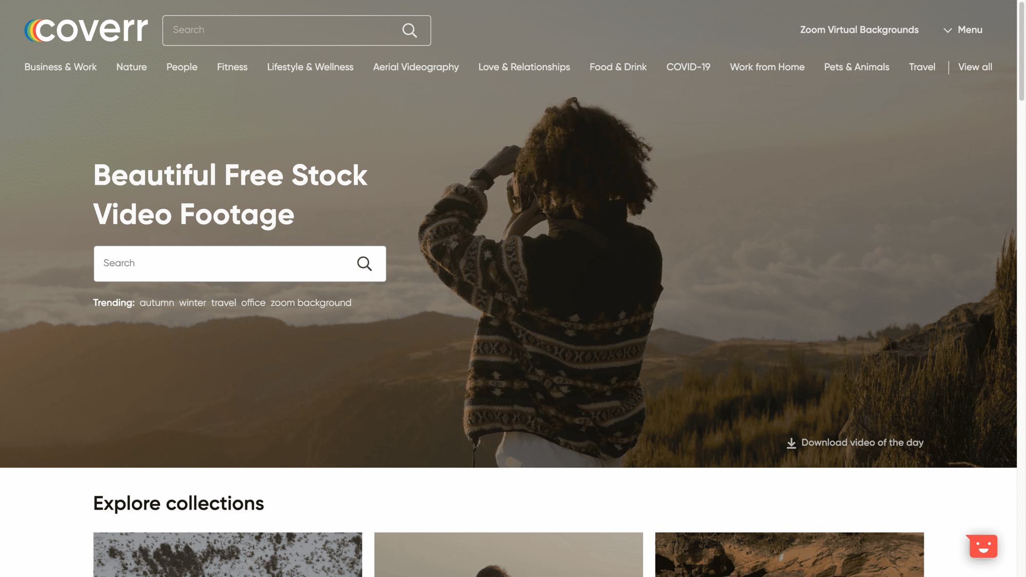 Coverr homepage reading “Beautiful Free Stock Video Footage” with categories and a search bar