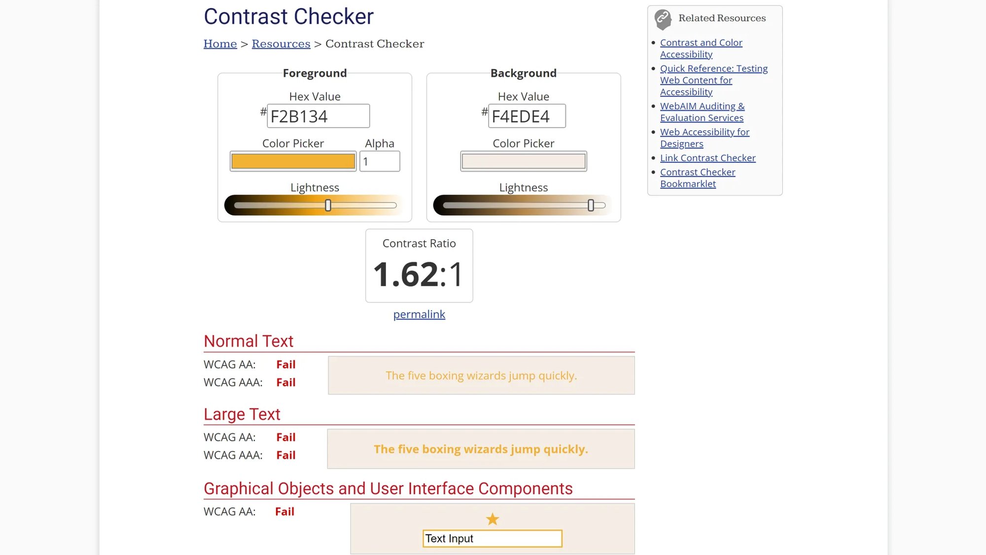 لقطة شاشة من WebAIM Contrast Checker: نص خردلي F2B134 على خلفية رملية F4EDE4 بنسبة 1.62:1، مع فشل في النص العادي والنص الكبير وعناصر الواجهة