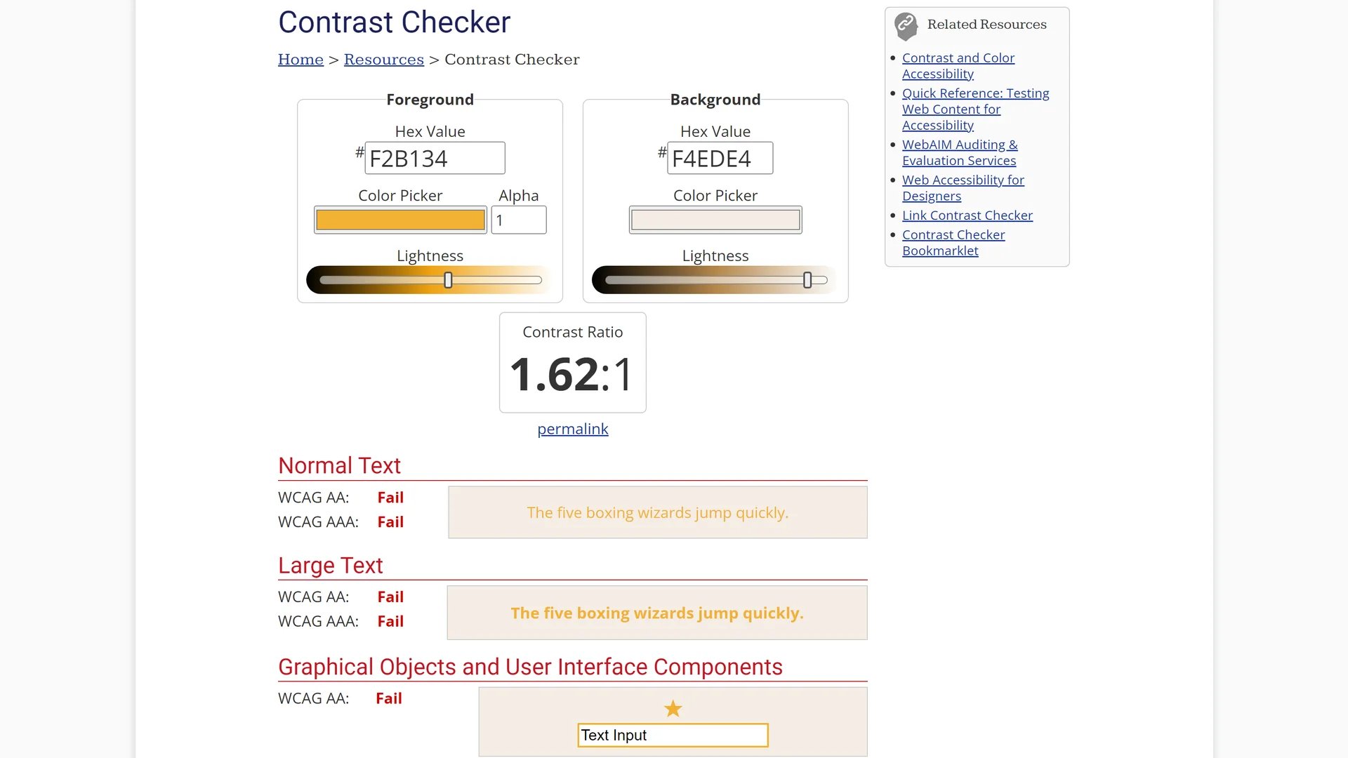 لقطة شاشة من WebAIM Contrast Checker: نص خردلي F2B134 على خلفية رملية F4EDE4 بنسبة 1.62:1، مع فشل في النص العادي والنص الكبير وعناصر الواجهة