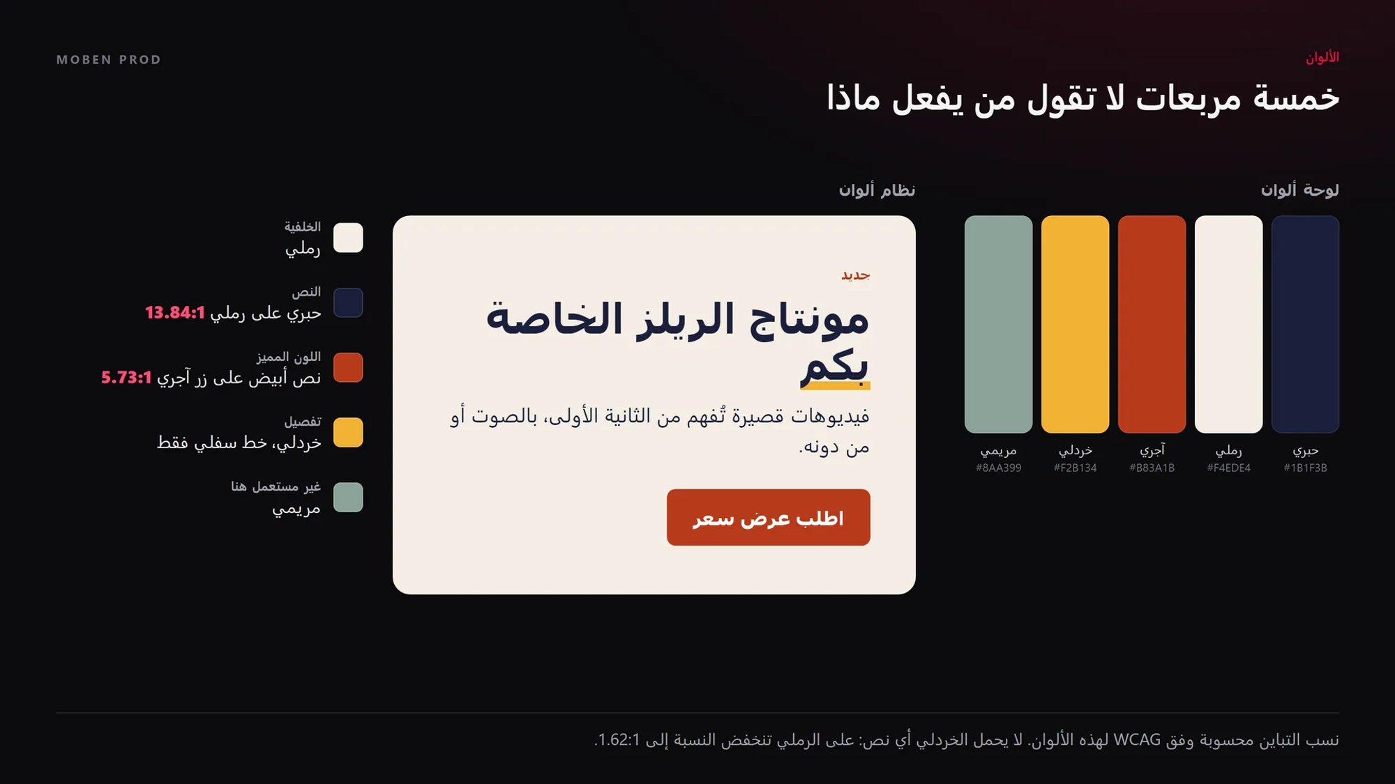 لوحة من خمسة ألوان: حبري ورملي وآجري وخردلي ومريمي، وبجانبها اللوحة نفسها مطبقة على بطاقة بعنوان وفقرة وزر، مع دور كل لون ونسبة تباينه